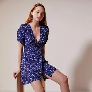 FAITHFULL THE BRAND Blue Floral Wrap Mini Dress